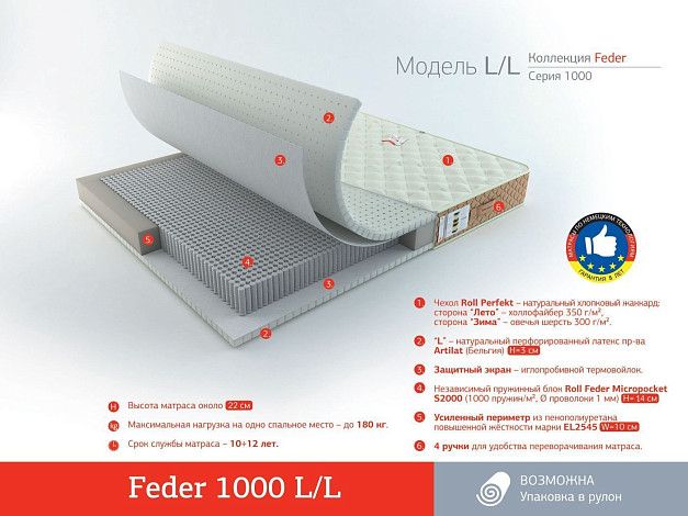 Матрас Roll Matratze Feder 1000 L/L | Интернет-магазин Гипермаркет-матрасов.рф